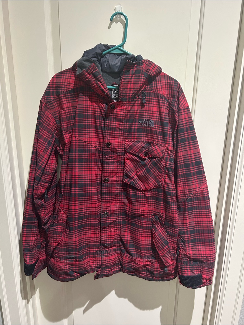 The North Face Red and Black Plaid Hooded Ski Jacket